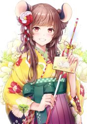 Rule 34 | 1girl, absurdres, animal ears, bell, blush, brown hair, commentary, double bun, ema, english commentary, floral background, floral print, flower, grin, hair bun, hair flower, hair ornament, hakama, hakama skirt, hand up, highres, holding, japanese clothes, jingle bell, kimono, kouhaku nawa, long hair, long sleeves, looking at viewer, mouse ears, obi, original, pink hakama, print kimono, red eyes, rope, sash, shimenawa, skirt, smile, solo, tokeshi, upper body, wide sleeves, yellow kimono