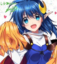 Rule 34 | 1girl, ahoge, blue eyes, blue hair, blush, breasts, cape, crescent, crescent hair ornament, endori, hair ornament, looking at viewer, open mouth, pointy ears, red cape, rena lanford, short hair, small breasts, smile, solo, star ocean, star ocean the second story