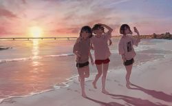 Rule 34 | 3girls, arm around shoulder, barefoot, beach, blue eyes, bridge, closed mouth, daluto (hitomi555), female focus, footprints, full body, hand in pocket, hand on own head, highres, holding, holding phone, hood, hoodie, horizon, long hair, looking up, multiple girls, open mouth, original, outdoors, phone, sand, shirt, short hair, shorts, sunset, twintails, water, waves, white shirt