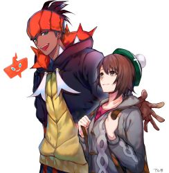 Rule 34 | 1boy, 1girl, artist name, backpack, bad id, bad twitter id, bag, blue eyes, bob cut, brown eyes, brown hair, cardigan, closed mouth, commentary request, creatures (company), dark-skinned male, dark skin, game freak, gen 4 pokemon, gloria (pokemon), gloves, green headwear, grey cardigan, gym leader, hat, height difference, highres, jacket, long sleeves, looking to the side, nintendo, orange headwear, pokemon, pokemon (creature), pokemon swsh, raihan (pokemon), rotom, rotom phone, short hair, simple background, smile, standing, tam o&#039; shanter, tcb, v, white background