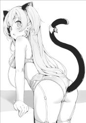 Rule 34 | 1girl, 3.14, anal tail, animal ears, ass, bare shoulders, barefoot, bell, bra, breasts, butt plug, cat ears, cat tail, earrings, fake tail, from behind, garter belt, girls&#039; frontline, greyscale, heart, heart earrings, jewelry, jingle bell, leaning forward, long hair, medium breasts, mk23 (girls&#039; frontline), monochrome, panties, print panties, sex toy, solo, standing, tail, tail bell, tail ornament, thighhighs, underwear, underwear only