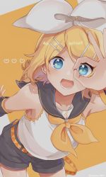 Rule 34 | 1girl, absurdres, arm warmers, bare shoulders, belt, black collar, black shorts, blonde hair, blue eyes, bow, collar, commentary, english commentary, hair bow, hair ornament, hairclip, hand over eye, hand up, heart, highres, kagamine rin, leaning forward, looking at viewer, mixed-language commentary, neckerchief, ok sign, ok sign over eye, open mouth, sailor collar, school uniform, shirt, short hair, short shorts, shorts, sleeveless, sleeveless shirt, smile, solo, star (symbol), star in eye, swept bangs, symbol in eye, tatibanamarin, treble clef, twitter username, vocaloid, white bow, white shirt, yellow background, yellow neckerchief