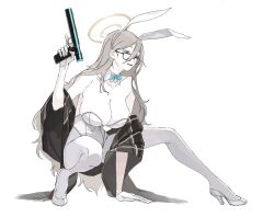 Rule 34 | 1girl, akane (blue archive), akane (bunny) (blue archive), animal ears, blue archive, bolt action, bow, bowtie, breasts, cleavage, detached collar, fake animal ears, full body, glasses, gloves, grey eyes, grey hair, gun, halo, handgun, high heels, highres, holding, holding gun, holding weapon, kawatiw, large breasts, leotard, long hair, pantyhose, playboy bunny, rabbit ears, shawl, simple background, solo, squatting, strapless, strapless leotard, weapon, welrod, white background, white gloves, white pantyhose