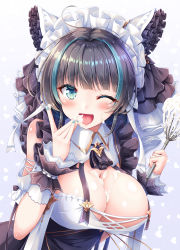Rule 34 | 1girl, ;d, ahoge, akashio (loli ace), animal ears, azur lane, bare shoulders, black hair, blue eyes, blue nails, breasts, cat ears, cheshire (azur lane), cleavage, clothing cutout, cream on body, fake animal ears, gold trim, hand to own mouth, hand up, headdress, highres, holding, index finger raised, large breasts, looking at viewer, multicolored hair, nail polish, one eye closed, open mouth, short hair, shoulder cutout, smile, solo, streaked hair, upper body, whisk, white background, wing collar, wrist cuffs