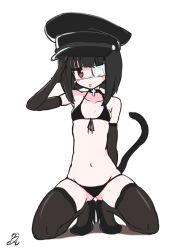 Rule 34 | 1girl, black bra, black footwear, black gloves, black hair, black headwear, black panties, black thighhighs, blunt bangs, bra, choker, cross, elbow gloves, full body, gloves, gluteal fold, high heels, kneeling, kuchinashi (not on shana), looking at viewer, not on shana, original, panties, red eyes, salute, short hair, simple background, solo, thighhighs, tongue, tongue out, underwear, white background