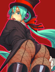 Rule 34 | 1girl, aqua eyes, aqua hair, ass, back-seamed legwear, black hat, black pantyhose, blush, boots, breast hold, breasts, embarrassed, fishnet pantyhose, fishnets, from behind, from below, gloves, hair ribbon, hat, hatsune miku, headphones, long hair, looking back, magician, miracle paint (vocaloid), open mouth, pantyhose, ponytail, project diva, project diva (series), red background, ribbon, seamed legwear, simple background, solo, thigh boots, thighhighs, top hat, vocaloid, yuuji (and)