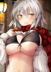 Rule 34 | 1girl, bad id, bad pixiv id, black bra, blush, bra, breasts, brown eyes, cleavage, closed mouth, clothes lift, commentary request, fate/grand order, fate (series), grey hair, hair between eyes, hand up, jeanne d&#039;arc (fate), jeanne d&#039;arc alter (avenger) (fate), jeanne d&#039;arc alter (fate), large breasts, lifting own clothes, long sleeves, looking at viewer, navel, plaid, plaid scarf, pon (ponidrop), red scarf, ribbed sweater, scarf, sleeves past wrists, solo, sweater, sweater lift, underwear, upper body, wall lamp, white sweater