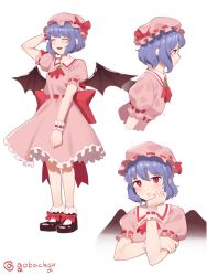 Rule 34 | 1girl, ^ ^, absurdres, arm behind head, arm up, ascot, back bow, bat wings, black footwear, black wings, blush, bobby socks, bow, closed eyes, collared dress, cropped torso, dress, fang, frilled dress, frills, goback, hair between eyes, hat, hat bow, highres, looking away, mob cap, multiple views, parted lips, pink dress, pink headwear, profile, puffy short sleeves, puffy sleeves, purple hair, red ascot, red eyes, remilia scarlet, shoes, short hair, short sleeves, simple background, socks, touhou, twitter username, white background, white legwear, wings, wrist cuffs