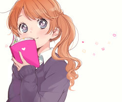 Rule 34 | 1girl, :3, blue eyes, blush, book, brown hair, earrings, heart, heart-shaped pupils, holding, holding book, jewelry, long hair, om5han, open book, original, purple sweater, school uniform, shirt, side ponytail, simple background, solo, stud earrings, sweater, swept bangs, symbol-shaped pupils, upper body, white background, wing collar