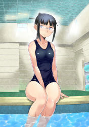 Rule 34 | 10s, 1girl, black hair, blue eyes, breasts, frown, glasses, icebox, long hair, miyamoto ruri, narrow waist, nisekoi, partially submerged, ponytail, school swimsuit, sitting, small breasts, solo, swimsuit, thighs, water, wide hips