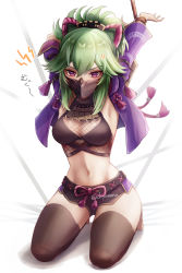 Rule 34 | 1girl, anger vein, armpits, arms up, black mask, black thighhighs, bound, bound wrists, breasts, cleavage, commentary request, crop top, cropped jacket, genshin impact, green hair, hair between eyes, hair ornament, highres, jacket, kneeling, kuki shinobu, long hair, looking at viewer, mask, midriff, mouth mask, nanamo yado, navel, open clothes, open jacket, paid reward available, ponytail, purple eyes, purple jacket, restrained, revision, short shorts, shorts, solo, thighhighs, thighs