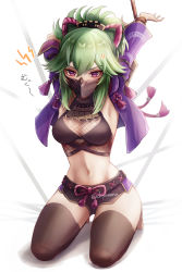 1girl anger_vein armpits arms_up black_mask black_thighhighs bound bound_wrists breasts cleavage commentary_request crop_top cropped_jacket genshin_impact green_hair hair_between_eyes hair_ornament highres jacket kneeling kuki_shinobu long_hair looking_at_viewer mask midriff mouth_mask nanamo_yado navel open_clothes open_jacket paid_reward_available ponytail purple_eyes purple_jacket restrained revision short_shorts shorts solo thighhighs thighs