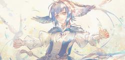 Rule 34 | 1girl, bird, blue capelet, blue eyes, blue hair, blue pupils, brooch, capelet, chinese commentary, collared shirt, commentary request, feathered wings, film grain, final fantasy, final fantasy xiv, flower, head wings, highres, jewelry, light particles, looking at viewer, meteion, o ming heng o, open mouth, outstretched arms, petals, puffy sleeves, sash, shirt, short hair, solo, spread arms, tassel, upper body, weibo logo, weibo watermark, white background, white shirt, wings