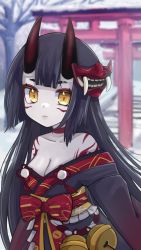 Rule 34 | 1girl, absurdres, bare tree, bell, black hair, black kimono, blunt bangs, blurry, blurry background, bow, breasts, cleavage, closed mouth, collarbone, colored skin, commentary, cowboy shot, egasumi, eyeliner, frilled sash, grey skin, highres, hime cut, horns, japanese clothes, jingle bell, kimono, kouhaku nawa, long hair, looking at viewer, makeup, mask, mask on head, medium breasts, obi, obijime, off shoulder, oni, oni horns, oni mask, original, outdoors, pale skin, red bow, ririchi, rope, sash, shide, shimenawa, slit pupils, snow, solo, stairs, torii, tree, tsurime, very long hair, yellow eyes, yellow sash