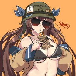 Rule 34 | 1girl, absurdres, artist name, aviator sunglasses, bikini, black bikini, blue bow, bow, brown hair, bullet, commentary, drinking straw, english commentary, field ration, girls&#039; frontline, green headwear, helmet, highres, m14 (girls&#039; frontline), field ration, navel, off shoulder, simple background, snafu (snafy snu), sunglasses, swimsuit, twintails, uniform, upper body