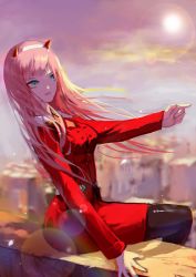 Rule 34 | 10s, absurdres, aqua eyes, buttons, darling in the franxx, double-breasted, dress, eyeshadow, hairband, highres, horns, ledge, lens flare, makeup, military, military uniform, orange neckwear, outdoors, pantyhose, pink hair, pointing, pointing finger, red dress, sitting, sky, solo, straight hair, sunlight, uniform, white hairband, zero two (darling in the franxx), zsvd