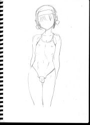 Rule 34 | 1boy, crossdressing, faceless, greyscale, male focus, monochrome, one-piece swimsuit, original, penis, po-ju, sketch, solo, standing, swimsuit, testicles, traditional media