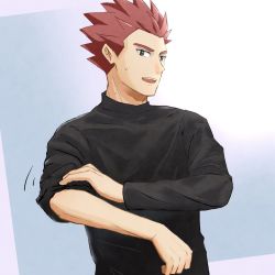 Rule 34 | 1boy, black shirt, creatures (company), game freak, grey background, grey eyes, highres, imasara maki, lance (pokemon), looking down, male focus, nintendo, no jacket, open mouth, pokemon, pokemon hgss, red hair, rolling sleeves up, shirt, short hair, solo, spiked hair, sweat, teeth, tongue, upper body, upper teeth only