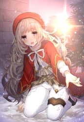 Rule 34 | 1girl, beret, blonde hair, blush, brick wall, brown skirt, christmas tree, coat, crotch seam, hat, kneeling, light rays, long sleeves, looking at viewer, open mouth, original, outdoors, outstretched arm, pantyhose, pleated skirt, purple eyes, reaching, red coat, ribbon, shikino yuki, shirt, skirt, snow, solo, sunbeam, sunlight, teeth, white pantyhose, white ribbon, white shirt