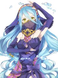 Rule 34 | 1girl, azura (fire emblem), blue hair, earrings, elbow gloves, fingerless gloves, fire emblem, fire emblem fates, gloves, jewelry, jurge, long hair, looking at viewer, mouth veil, necklace, nintendo, simple background, solo, veil, water, white background, yellow eyes