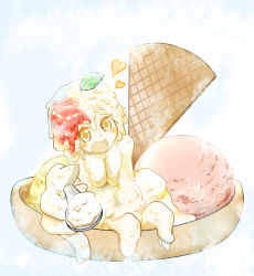 Rule 34 | blonde hair, breasts, cleavage, colored skin, dripping, food, hair ornament, heart, ice cream, ice cream cone, leaf, looking at viewer, monster girl, multicolored hair, nude, open mouth, original, personification, red hair, short hair, slime girl, smile, spoon, two-tone hair, yellow eyes, yellow skin