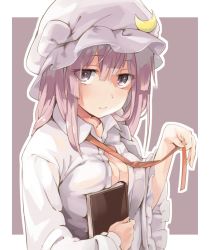 Rule 34 | 1girl, bad id, bad twitter id, book, breast press, breasts, crescent, hat, holding, holding book, large breasts, long hair, long sleeves, looking at viewer, mob cap, muchi maro, open clothes, open shirt, patchouli knowledge, purple background, purple eyes, purple hair, ribbon, shirt, simple background, solo, touhou, upper body, white shirt, wide sleeves