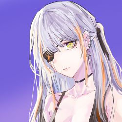 Rule 34 | 1girl, alternate costume, choker, earrings, girls&#039; frontline, gradient background, hair ribbon, jewelry, m16a1 (boss) (girls&#039; frontline), m16a1 (girls&#039; frontline), mmm (ji1945), ponytail, purple background, ribbon, sangvis ferri, scar, scar across eye, scar on face, solo, white hair, yellow eyes