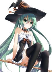 Rule 34 | 1girl, choker, green eyes, green hair, hat, hatsune miku, kmcgold30, long hair, matching hair/eyes, simple background, sitting, solo, thighhighs, very long hair, vocaloid, white background, witch hat