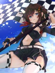Rule 34 | 1girl, ahoge, black gloves, black skirt, blue eyes, blue sky, braid, breasts, brown hair, checkered flag, closed mouth, clothing cutout, cloud, confetti, day, embarrassed, fingerless gloves, flag, from below, gloves, hair flaps, hair ornament, hair over shoulder, highres, holding, holding flag, kantai collection, looking at viewer, looking down, medium breasts, miniskirt, navel, navel cutout, race queen, ruohire9, shigure (kancolle), shrug (clothing), sideboob, single braid, skirt, sky, solo, thighhighs, white thighhighs