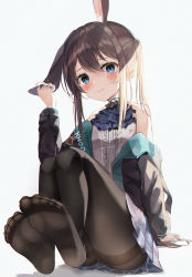 Rule 34 | 1girl, absurdres, amiya (arknights), animal ears, arknights, arm support, bare shoulders, black jacket, black pantyhose, blue eyes, breasts, brown hair, closed mouth, feet, hair between eyes, hand on own ear, highres, huge filesize, infection monitor (arknights), jacket, jewelry, knees up, long hair, long sleeves, looking at viewer, no shoes, off shoulder, one side up, open clothes, open jacket, pantyhose, rabbit ears, riko (rik0ring), ring, shirt, sidelocks, simple background, sitting, skirt, small breasts, soles, solo, thighband pantyhose, thighs, toes, white background