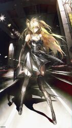 Rule 34 | 1girl, absurdres, amane misa, bare shoulders, black choker, black dress, black footwear, black nails, black sleeves, blonde hair, boots, breasts, bridge, choker, city, city lights, cleavage, collarbone, cross, cross necklace, death note, detached sleeves, dress, ena (enaa97), fingernails, goth fashion, highres, jewelry, lamppost, large breasts, lights, long hair, looking at viewer, necklace, over-kneehighs, pleated dress, pleated skirt, road, road sign, serious, sign, skirt, solo, thighhighs, twintails, yellow eyes, zettai ryouiki