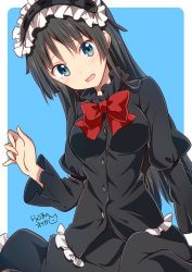 Rule 34 | 1girl, akiyama mio, black hair, black hairband, black shirt, black skirt, blue background, blue eyes, bow, breasts, buttons, commentary request, frilled hairband, frilled shirt, frilled shirt collar, frilled skirt, frills, gothic lolita, hairband, k-on!, lolita fashion, lolita hairband, long hair, looking at viewer, medium breasts, open mouth, outside border, puffy sleeves, ragho no erika, red bow, shirt, signature, simple background, skirt, solo, tearing up, wide sleeves