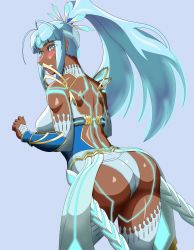 Rule 34 | 1girl, arched back, armor, ass, bare shoulders, blue background, blue eyes, blue hair, blush, breasts, dark-skinned female, dark skin, detached sleeves, embarrassed, female focus, glowing, headgear, highres, large breasts, long hair, looking at viewer, nintendo, open mouth, perun (xenoblade), ponytail, regiman, shiny skin, simple background, solo, standing, thighhighs, white thighhighs, xenoblade chronicles (series), xenoblade chronicles 2