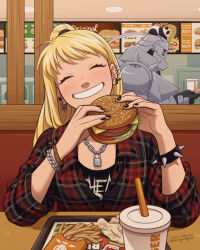 Rule 34 | 1boy, 1girl, ^ ^, alphonse elric, armor, artist name, black nails, blonde hair, booth seating, bracelet, burger, closed eyes, contemporary, cup, drinking straw, ear piercing, food, french fries, fullmetal alchemist, grin, jewelry, lock, marycrispies, necklace, padlock, panda, piercing, plaid, plaid shirt, restaurant, shirt, smile, spiked bracelet, spikes, winry rockbell, xiao-mei