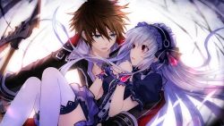 Rule 34 | 1boy, 1girl, blue eyes, brown hair, eye contact, fairy fencer f, fang (fairy fencer f), game cg, hairband, highres, lolita fashion, lolita hairband, long hair, looking at another, official art, puffy sleeves, red eyes, short hair, tears, thighhighs, tiara (fairy fencer f), tsunako, white hair, white thighhighs, wrist cuffs