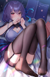 Rule 34 | absurdres, black thighhighs, blue hair, book, breasts, cleavage, clothing cutout, feet, flower, garter straps, hands up, highres, large breasts, lying, masterwork apocalypse, medium hair, on back, red eyes, shanguier, skirt, thighhighs, toes