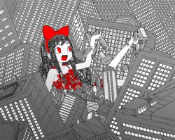 Rule 34 | 1girl, a.b.t., abe tomomi, bad id, bad pixiv id, barefoot, black hair, bow, building, child, city, dress, giant, giantess, hair bow, happy, monochrome, pac-man eyes, patterned, red eyes, ribbon, solo