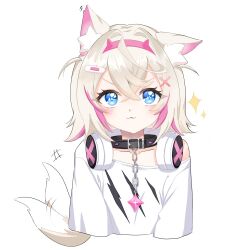 Rule 34 | 1girl, :3, animal collar, animal ear fluff, animal ears, bandaid, bandaid hair ornament, black collar, blonde hair, blue eyes, blush, closed mouth, collar, commentary, cropped torso, crossed bangs, dear arisu, dog ears, dog girl, dog tail, double-parted bangs, english commentary, fake horns, flat chest, hair between eyes, hair intakes, hair ornament, hairband, headphones, headphones around neck, highres, hololive, hololive english, horn hairband, horns, looking at viewer, mococo abyssgard, mococo abyssgard (1st costume), multicolored hair, off shoulder, pink hair, pink hairband, print shirt, shirt, short hair, simple background, single bare shoulder, smile, solo, spiked collar, spikes, streaked hair, t-shirt, tail, tail wagging, two side up, v-shaped eyebrows, virtual youtuber, white background, white shirt, x hair ornament