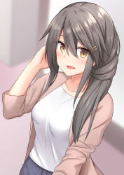 Rule 34 | 1girl, akahi242, alternate costume, alternate hairstyle, breasts, brown eyes, brown shirt, collarbone, grey hair, hair ornament, hairclip, haruna (kancolle), highres, kantai collection, long hair, long sleeves, looking at viewer, medium breasts, open clothes, open shirt, shirt, smile, solo, upper body, white shirt