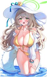 Rule 34 | 1girl, absurdres, arm between breasts, between breasts, bikini, blue archive, blue ribbon, blush, bracelet, breasts, cleavage, flower, green eyes, halo, hat, hat flower, hat ribbon, highres, huge breasts, jacket, jewelry, light brown hair, long hair, looking at viewer, nonomi (blue archive), nonomi (swimsuit) (blue archive), official alternate costume, ribbon, sak (lemondisk), see-through, see-through jacket, side-tie bikini bottom, smile, solo, sun hat, swimsuit, white hat, yellow bikini