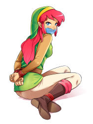 Rule 34 | 1girl, absurdres, angry, arms behind back, ass, bdsm, beige pants, blue eyes, bondage, boots, bound, bound ankles, bound wrists, brown footwear, brown sleeves, chuchu (zelda), from behind, gag, gagged, genderswap, genderswap (mtf), green hat, green tunic, hat, highres, improvised gag, knee boots, link, link (shounen captain), long hair, long sleeves, lost one zero, nintendo, pants, pink hair, pink legwear, pointy ears, shoe soles, slime, solo, the legend of zelda, the legend of zelda: a link to the past, tunic