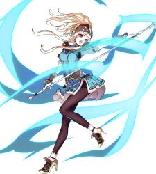 Rule 34 | 1girl, arm guards, armor, blonde hair, breasts, brown eyes, clair (fire emblem), dress, fire emblem, fire emblem echoes: shadows of valentia, fire emblem heroes, full body, gloves, helmet, highres, long hair, nintendo, official art, open mouth, pantyhose, polearm, ponytail, short dress, shoulder armor, simple background, smile, solo, transparent background, weapon