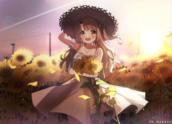 Rule 34 | 1girl, :d, absurdres, backlighting, brown eyes, brown hair, cowboy shot, dayoon (htrc7254), dress, evening, flower, hand on headwear, hat, highres, holding, holding flower, idolmaster, idolmaster cinderella girls, idolmaster cinderella girls starlight stage, long hair, looking at viewer, medium dress, one side up, open mouth, outdoors, round teeth, shimamura uzuki, sleeveless, sleeveless dress, smile, solo, straw hat, sun, sun hat, sundress, sunflower, sunlight, teeth, tongue, twitter username, upper teeth only, white dress