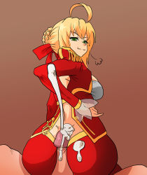 Rule 34 | 10s, 1boy, 1girl, aber, ass, blonde hair, buttjob, cum, cum on ass, ejaculation, fate/extra, fate (series), girl on top, green eyes, hand on own hip, hetero, highres, mosbles, naughty face, nero claudius (fate), nero claudius (fate) (all), nero claudius (fate/extra), penis, pov, smile, smug, type-moon, uncensored