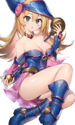 Rule 34 | 1girl, :o, absurdres, bare shoulders, blonde hair, blue footwear, blue hat, blue legwear, blush, blush stickers, boots, bracer, breasts, choker, cleavage, collarbone, dark magician girl, duel monster, eyes visible through hair, gem, green eyes, hair between eyes, hat, highres, large breasts, long hair, looking at viewer, neonbeat, open mouth, pentacle, simple background, sitting, solo, staff, strap slip, thighs, white background, wizard hat, yu-gi-oh!