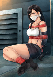 Rule 34 | 1girl, absurdres, angry, black hair, black legwear, black skirt, black sports bra, bound, breasts, brown eyes, cloth gag, crop top, earrings, elbow gloves, feet, final fantasy, final fantasy vii, final fantasy vii remake, gag, gagged, gloves, highres, improvised gag, jewelry, large breasts, legs, long hair, looking at viewer, lost one zero, low-tied long hair, midriff, miniskirt, no shoes, over the nose gag, pencil skirt, pleated skirt, shirt, shorts, shorts under skirt, skirt, socks, sports bra, square enix, suspender skirt, suspenders, tank top, tape, taut clothes, taut shirt, tifa lockhart, white tank top
