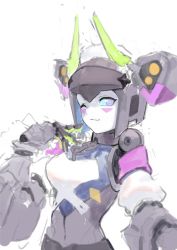 Rule 34 | 1girl, black hair, blue pupils, blue sclera, breasts, broken, broken chain, chain, closed mouth, collar, colored sclera, detached sleeves, dia (world flipper), facial mark, fang, female focus, green horns, hand up, happy, horns, humanoid robot, level9kaito, looking at viewer, maid headdress, navel, official alternate costume, puffy short sleeves, puffy sleeves, purple eyes, robot, short hair, short sleeves, sidelocks, simple background, sketch, skin fang, small breasts, smile, solo, speaker, upper body, white background, white sleeves, world flipper