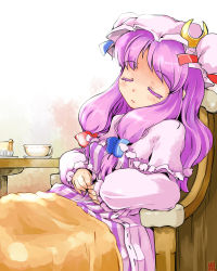 Rule 34 | 1girl, blanket, bow, capelet, chair, closed eyes, crescent, cup, female focus, gradient background, hair bow, hat, kanoe soushi, long hair, patchouli knowledge, purple hair, sitting, sleeping, solo, table, teacup, touhou, white background