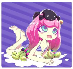 Rule 34 | 1girl, ass, barefoot, bikini, blue bikini, blue eyes, breasts, clownfish, drooling, feet, fish, gradient hair, green hair, harmony&#039;s clownfish (splatoon), harmony (splatoon), legs up, long hair, lying, multicolored hair, nintendo, on stomach, open mouth, pink hair, small breasts, smile, soles, solo, splatoon (series), striped bikini, striped clothes, swimsuit, tentacle hair, tentacles, the pose, thighs, toes, two-tone hair, vylizary