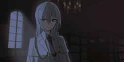 Rule 34 | 1girl, absurdres, ahoge, black necktie, blue eyes, blurry, blurry background, book, bookshelf, chandelier, chihuri, closed mouth, collared shirt, commentary request, depth of field, grey hair, grey vest, hair between eyes, highres, indoors, jacket, long hair, looking at viewer, necktie, open clothes, open jacket, original, shirt, smile, solo, vest, white jacket, white shirt, window